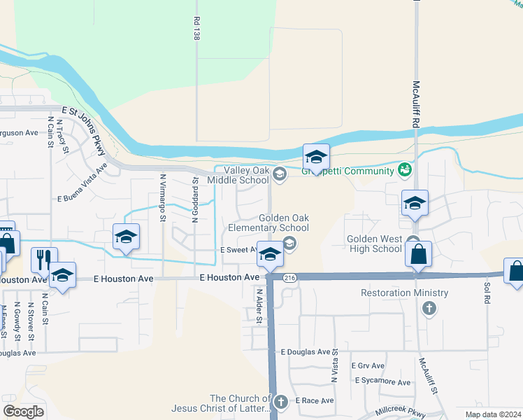 map of restaurants, bars, coffee shops, grocery stores, and more near 2830 East Norman Avenue in Visalia