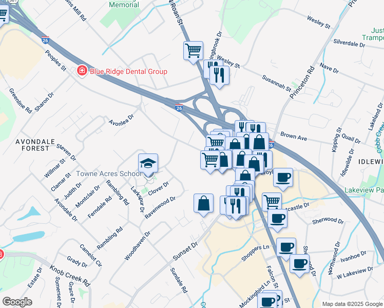 map of restaurants, bars, coffee shops, grocery stores, and more near 2403 Browns Mill Road in Johnson City