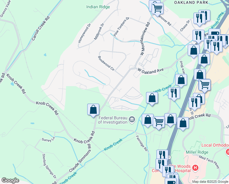 map of restaurants, bars, coffee shops, grocery stores, and more near 1155 West Mountainview Road in Johnson City