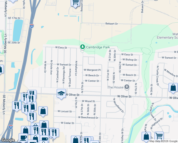 map of restaurants, bars, coffee shops, grocery stores, and more near 3603 West Beech Drive in Rogers