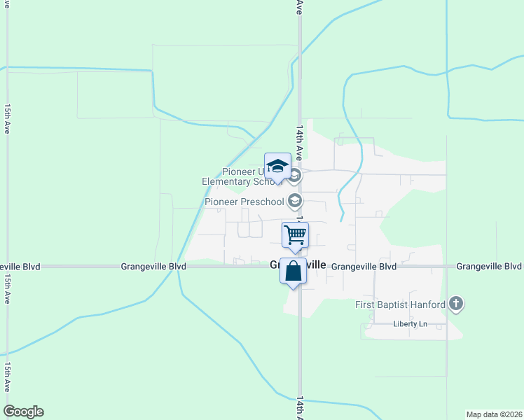 map of restaurants, bars, coffee shops, grocery stores, and more near 14120 School Road in Hanford