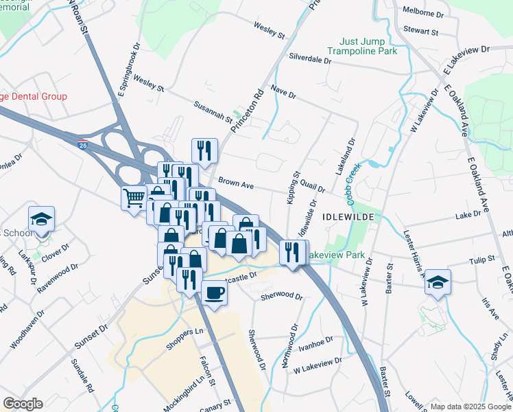 map of restaurants, bars, coffee shops, grocery stores, and more near 2107 Bartlett Street in Johnson City