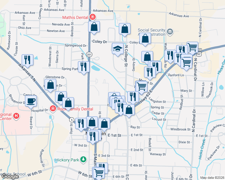 map of restaurants, bars, coffee shops, grocery stores, and more near 420 North Church Street in Mountain Home