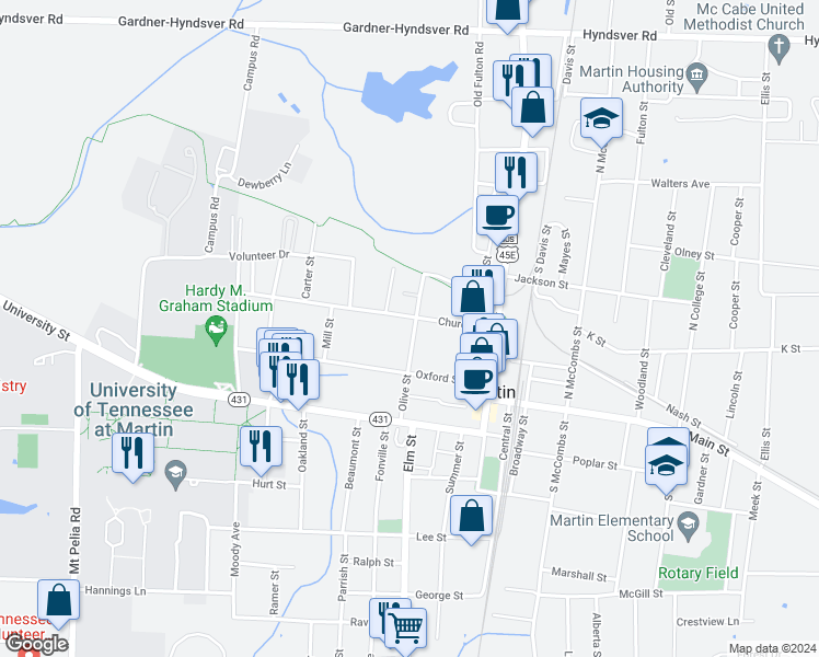 map of restaurants, bars, coffee shops, grocery stores, and more near 208 Olive Street in Martin