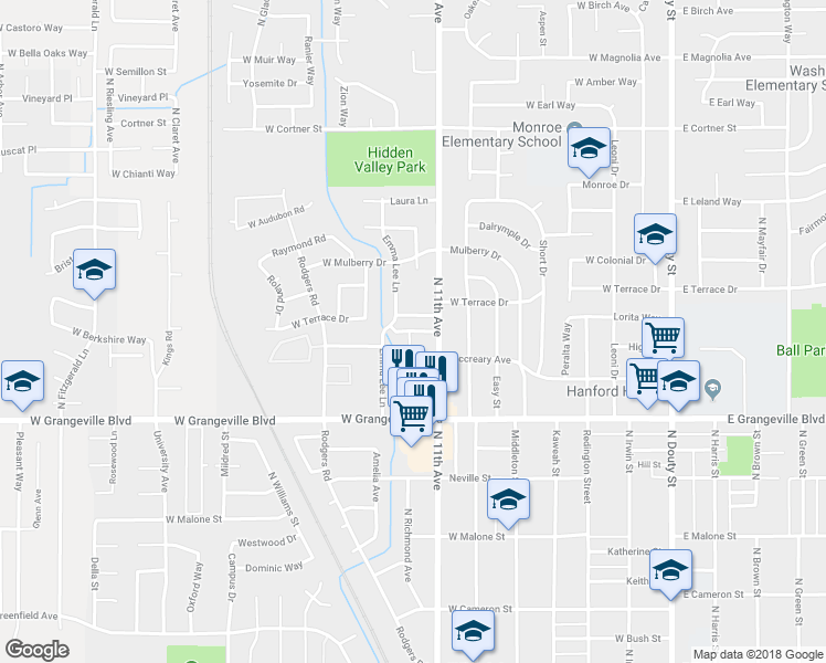map of restaurants, bars, coffee shops, grocery stores, and more near 783 Jana Way in Hanford