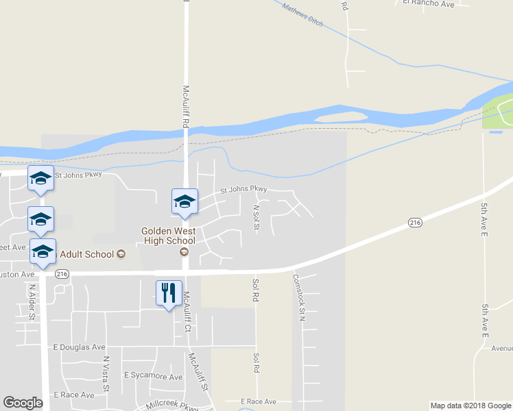 map of restaurants, bars, coffee shops, grocery stores, and more near 1735 North Sol Court in Visalia