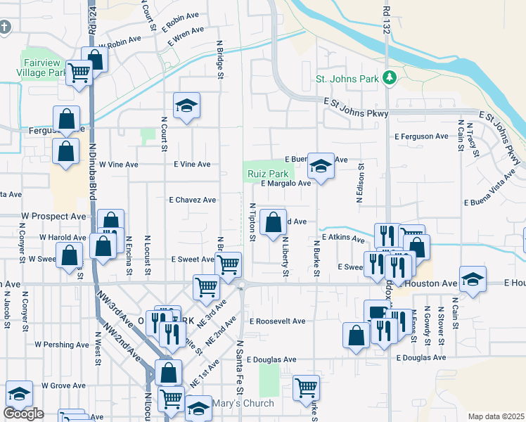 map of restaurants, bars, coffee shops, grocery stores, and more near 603 East Prospect Avenue in Visalia