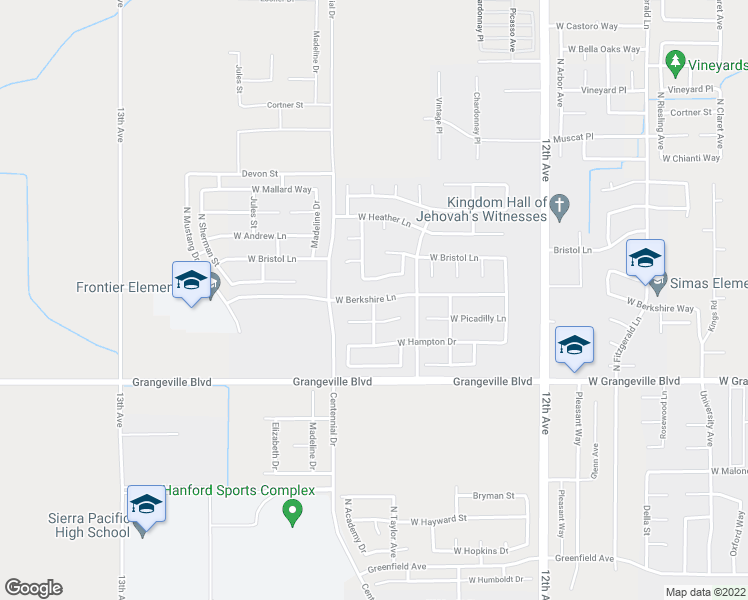 map of restaurants, bars, coffee shops, grocery stores, and more near West Berkshire Lane in Hanford