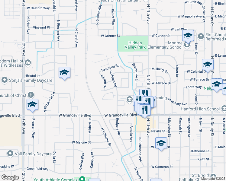 map of restaurants, bars, coffee shops, grocery stores, and more near 1850 Rodgers Road in Hanford