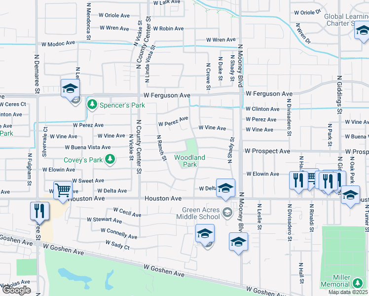 map of restaurants, bars, coffee shops, grocery stores, and more near 2514 West Prospect Avenue in Visalia