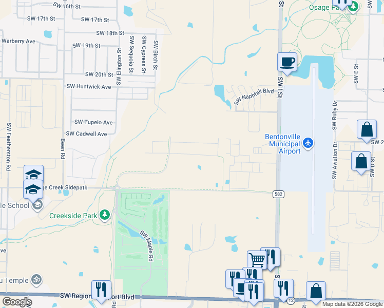 map of restaurants, bars, coffee shops, grocery stores, and more near 3002 Southwest I Street in Bentonville