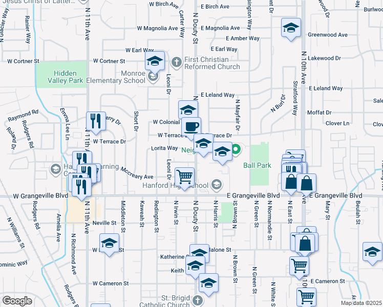 map of restaurants, bars, coffee shops, grocery stores, and more near 100 High Street in Hanford
