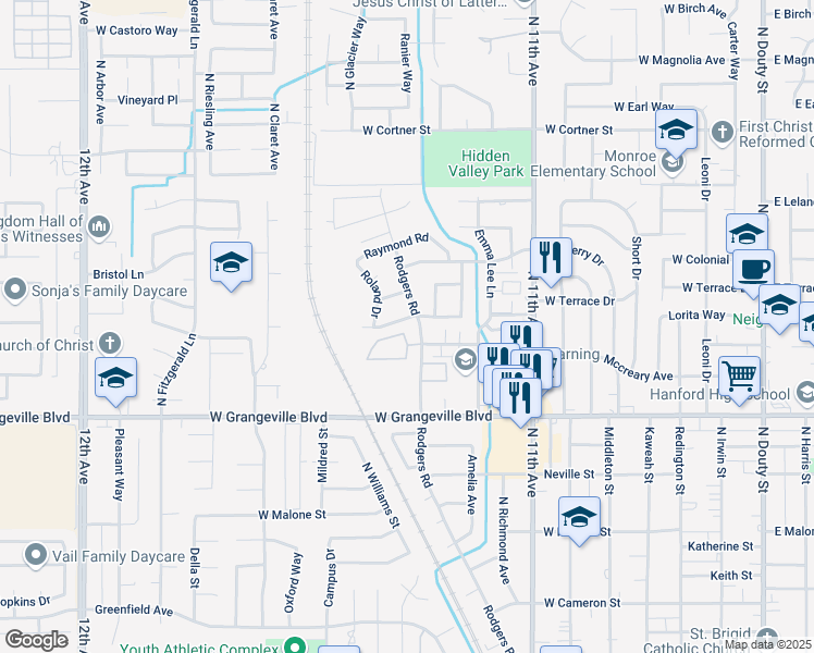 map of restaurants, bars, coffee shops, grocery stores, and more near 1850 Rodgers Road in Hanford