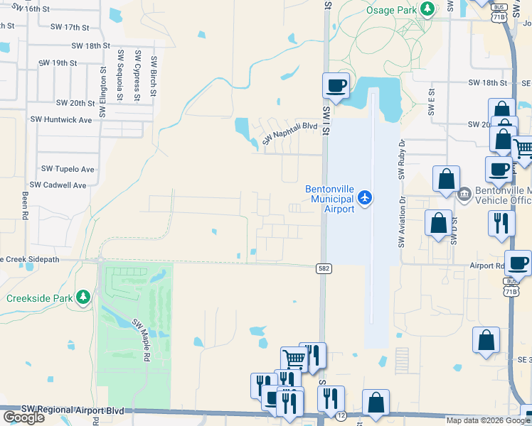 map of restaurants, bars, coffee shops, grocery stores, and more near 1307 Southwest Parnell Drive in Bentonville