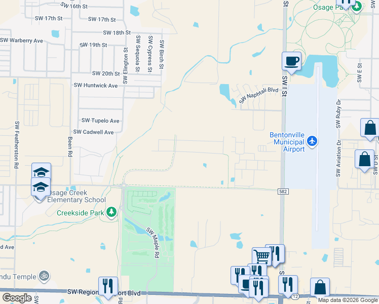 map of restaurants, bars, coffee shops, grocery stores, and more near 3002 Southwest I Street in Bentonville