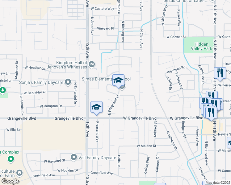 map of restaurants, bars, coffee shops, grocery stores, and more near 1524 West Berkshire Way in Hanford