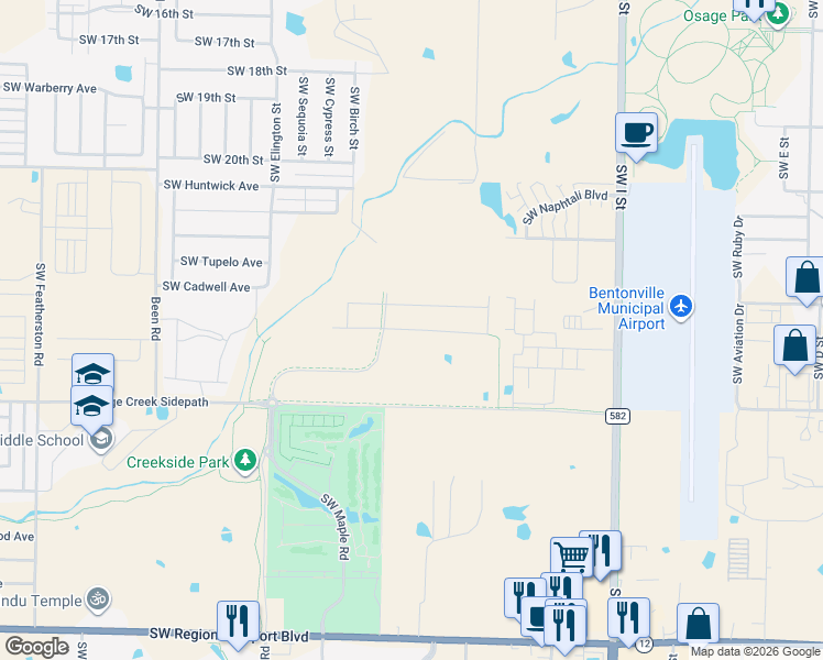 map of restaurants, bars, coffee shops, grocery stores, and more near 3002 Southwest I Street in Bentonville