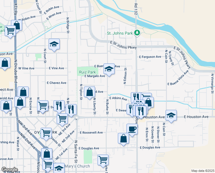 map of restaurants, bars, coffee shops, grocery stores, and more near 1844 North Burke Street in Visalia