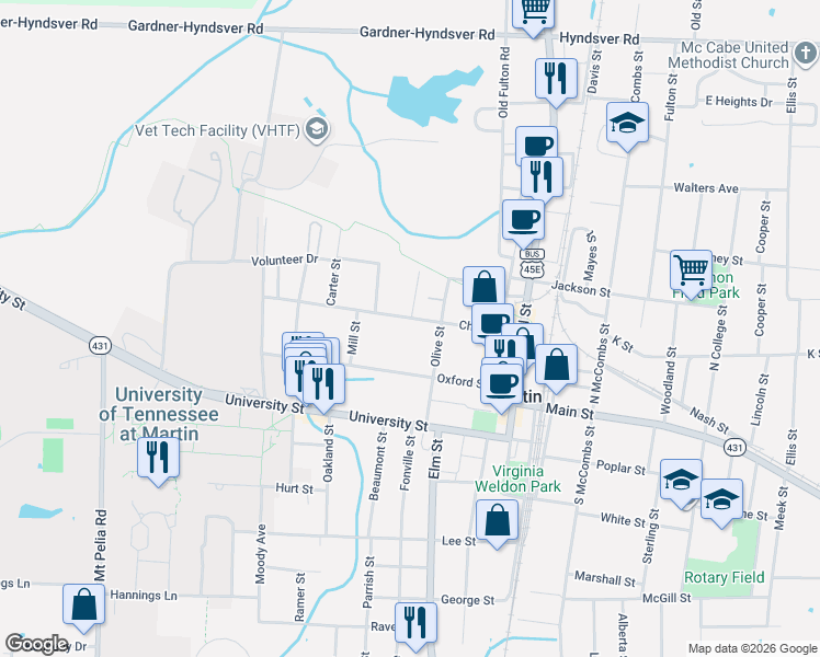 map of restaurants, bars, coffee shops, grocery stores, and more near 208 Olive Street in Martin