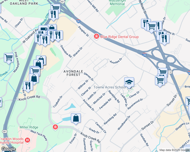 map of restaurants, bars, coffee shops, grocery stores, and more near 2704 Steven Drive in Johnson City