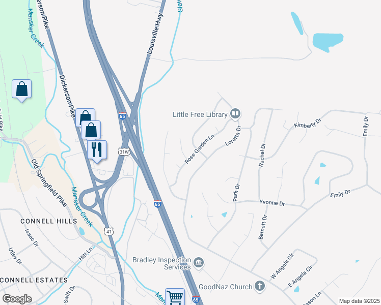 map of restaurants, bars, coffee shops, grocery stores, and more near 116 Rose Garden Lane in Goodlettsville