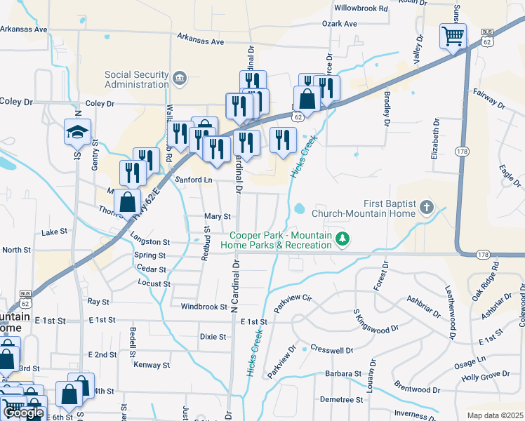 map of restaurants, bars, coffee shops, grocery stores, and more near 505 Willow Lane in Mountain Home