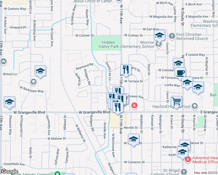 map of restaurants, bars, coffee shops, grocery stores, and more near 851 Jana Way in Hanford