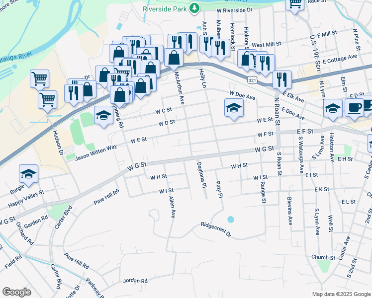 map of restaurants, bars, coffee shops, grocery stores, and more near 601 West G Street in Elizabethton