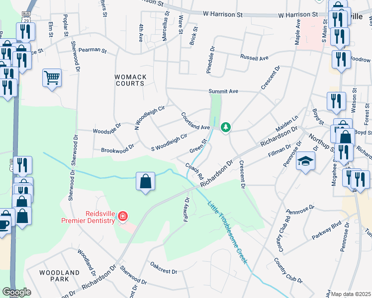 map of restaurants, bars, coffee shops, grocery stores, and more near 1112 Green Street in Reidsville