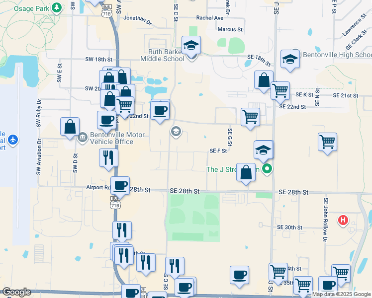 map of restaurants, bars, coffee shops, grocery stores, and more near 2401 Southeast C Street in Bentonville