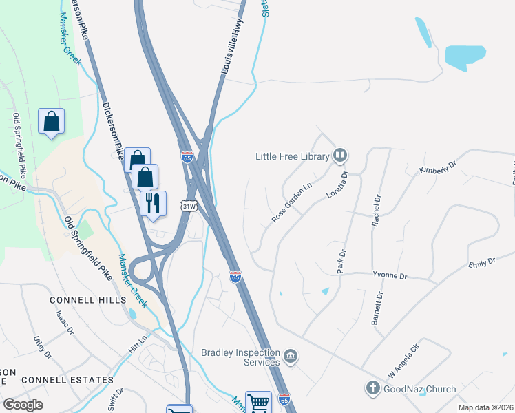map of restaurants, bars, coffee shops, grocery stores, and more near 123 Braxton Park Lane in Goodlettsville