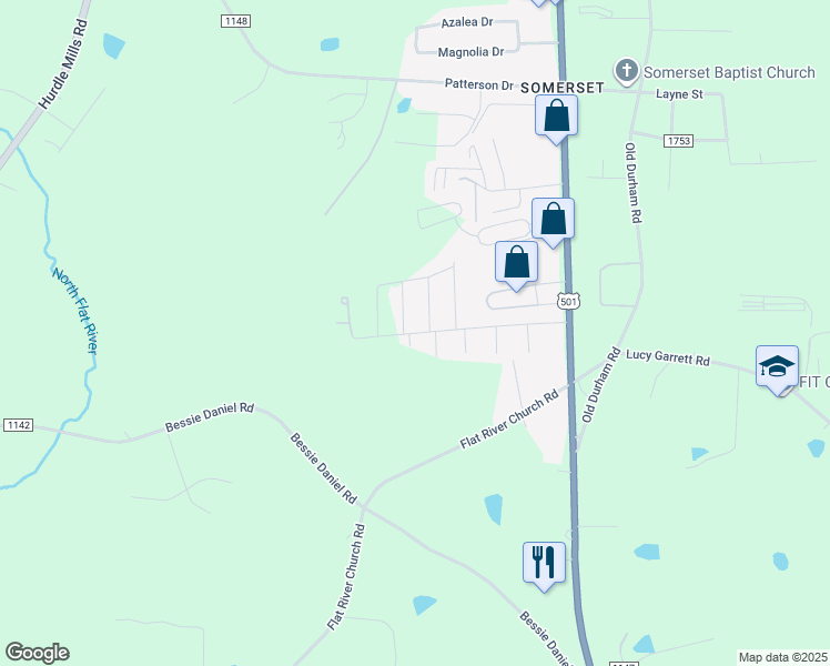 map of restaurants, bars, coffee shops, grocery stores, and more near 330 Somerset Drive in Roxboro