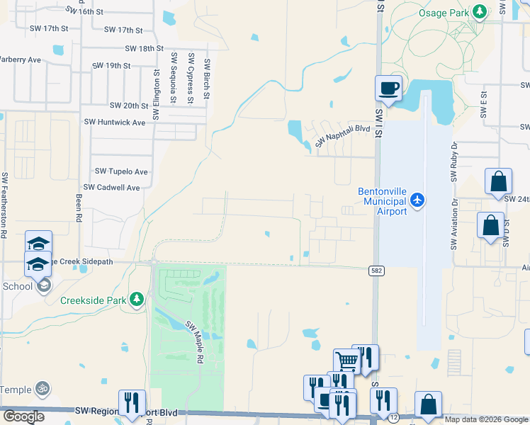 map of restaurants, bars, coffee shops, grocery stores, and more near 3002 Southwest I Street in Bentonville