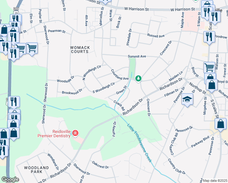 map of restaurants, bars, coffee shops, grocery stores, and more near 1112 Green Street in Reidsville