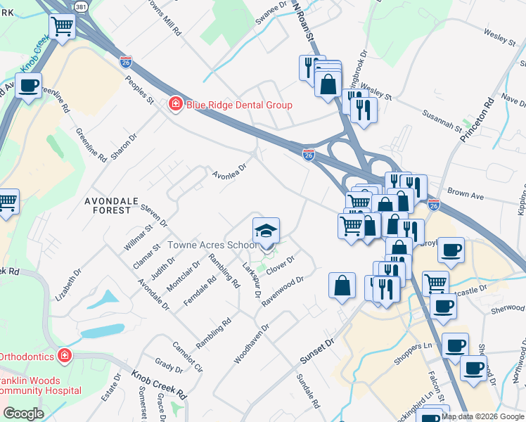 map of restaurants, bars, coffee shops, grocery stores, and more near 2517 Larkspur Drive in Johnson City