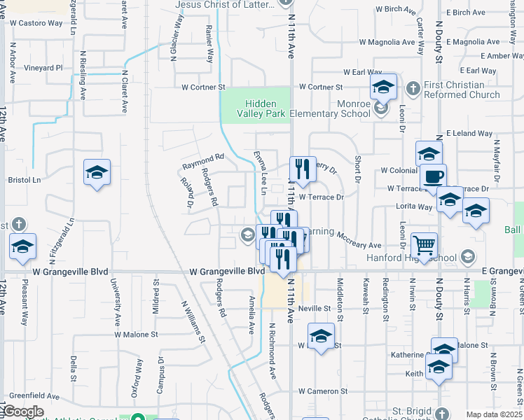 map of restaurants, bars, coffee shops, grocery stores, and more near 851 Jana Way in Hanford