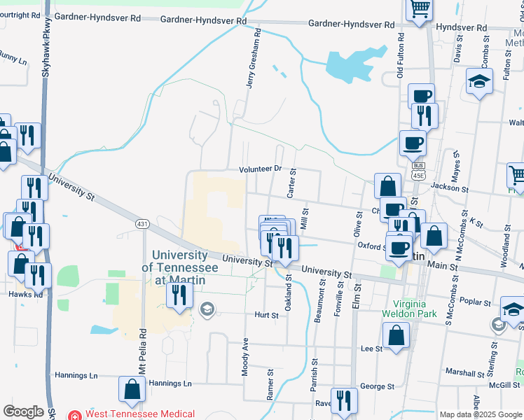 map of restaurants, bars, coffee shops, grocery stores, and more near 120 Moody Avenue in Martin