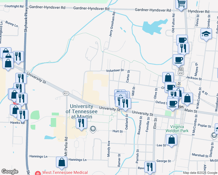 map of restaurants, bars, coffee shops, grocery stores, and more near 120 Moody Avenue in Martin