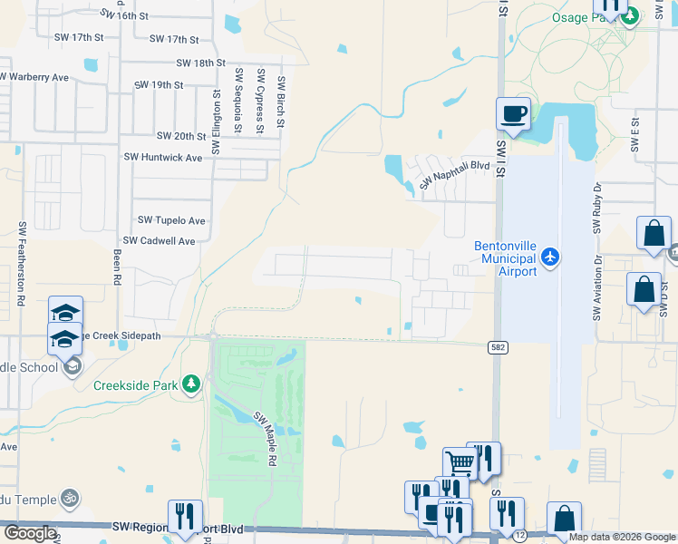 map of restaurants, bars, coffee shops, grocery stores, and more near 3002 Southwest I Street in Bentonville