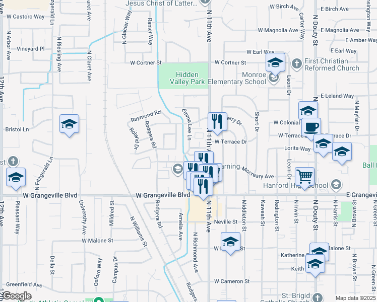 map of restaurants, bars, coffee shops, grocery stores, and more near 851 Jana Way in Hanford
