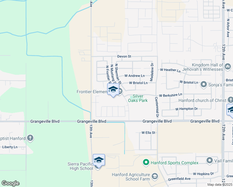 map of restaurants, bars, coffee shops, grocery stores, and more near 1888 North Mustang Drive in Hanford