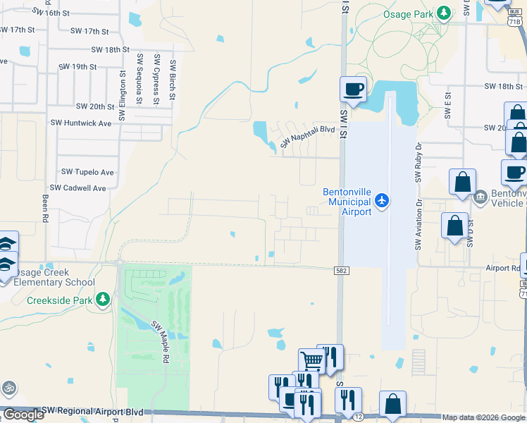 map of restaurants, bars, coffee shops, grocery stores, and more near 2706 Southwest Brandon Drive in Bentonville