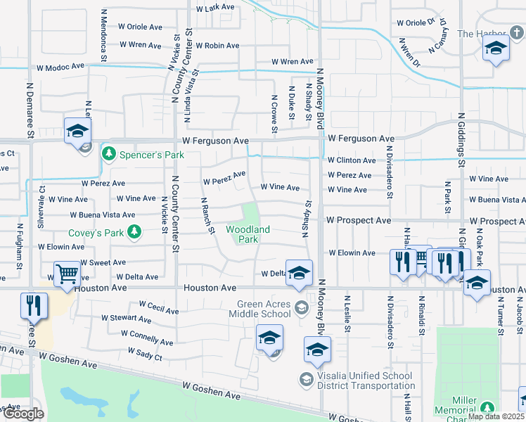 map of restaurants, bars, coffee shops, grocery stores, and more near 2424 West Prospect Avenue in Visalia