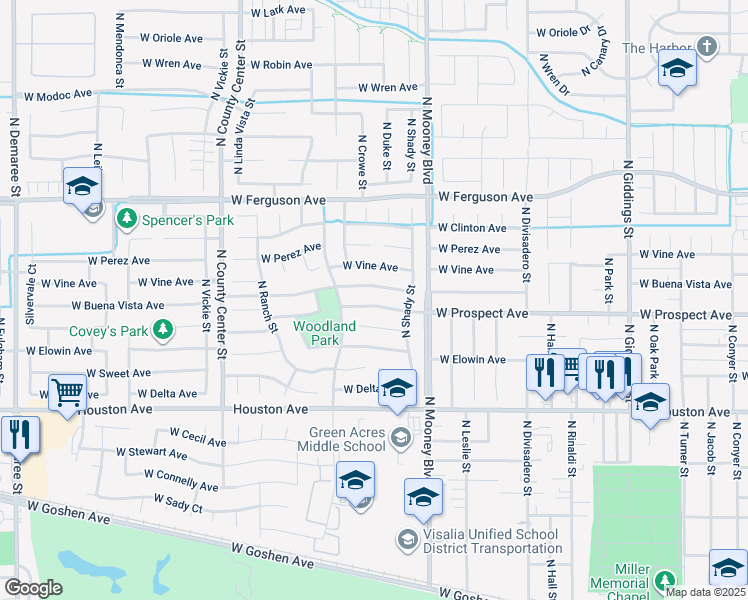 map of restaurants, bars, coffee shops, grocery stores, and more near 2320 West Prospect Avenue in Visalia