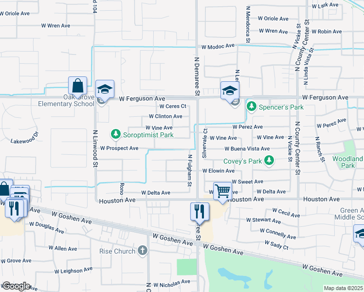map of restaurants, bars, coffee shops, grocery stores, and more near 3832 West Harold Avenue in Visalia