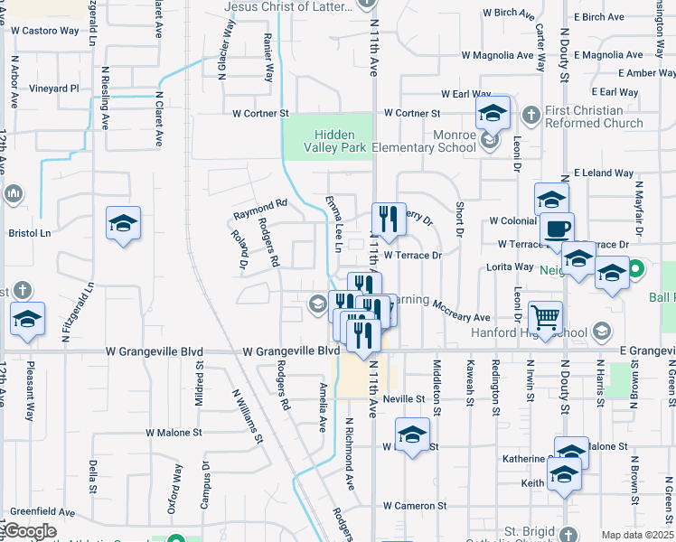 map of restaurants, bars, coffee shops, grocery stores, and more near 1877 Emma Lee Lane in Hanford