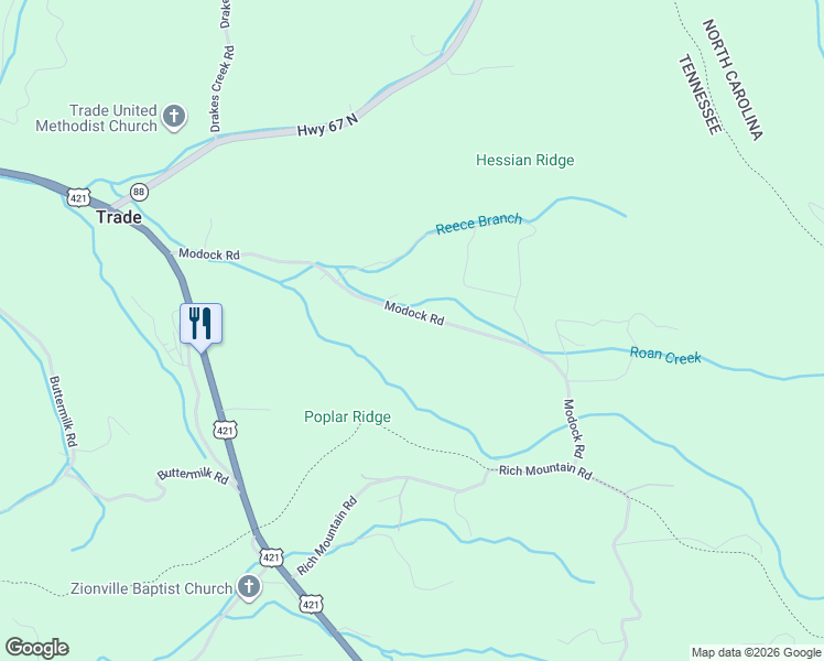 map of restaurants, bars, coffee shops, grocery stores, and more near 672 Modock Road in Trade