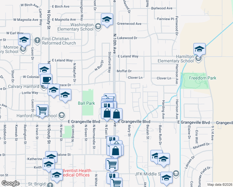map of restaurants, bars, coffee shops, grocery stores, and more near 1845 North 10th Avenue in Hanford