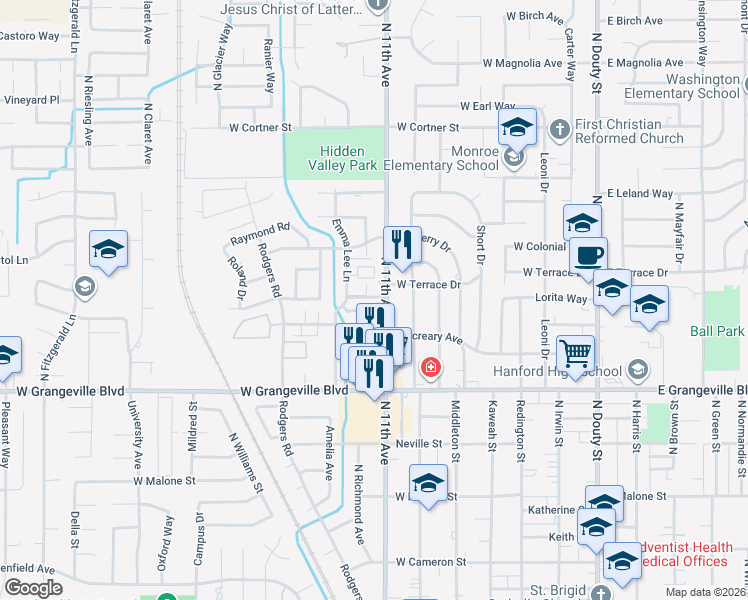 map of restaurants, bars, coffee shops, grocery stores, and more near 760 Jana Way in Hanford