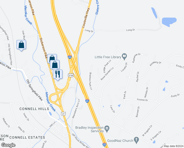 map of restaurants, bars, coffee shops, grocery stores, and more near 100 Braxton Park Court in Goodlettsville